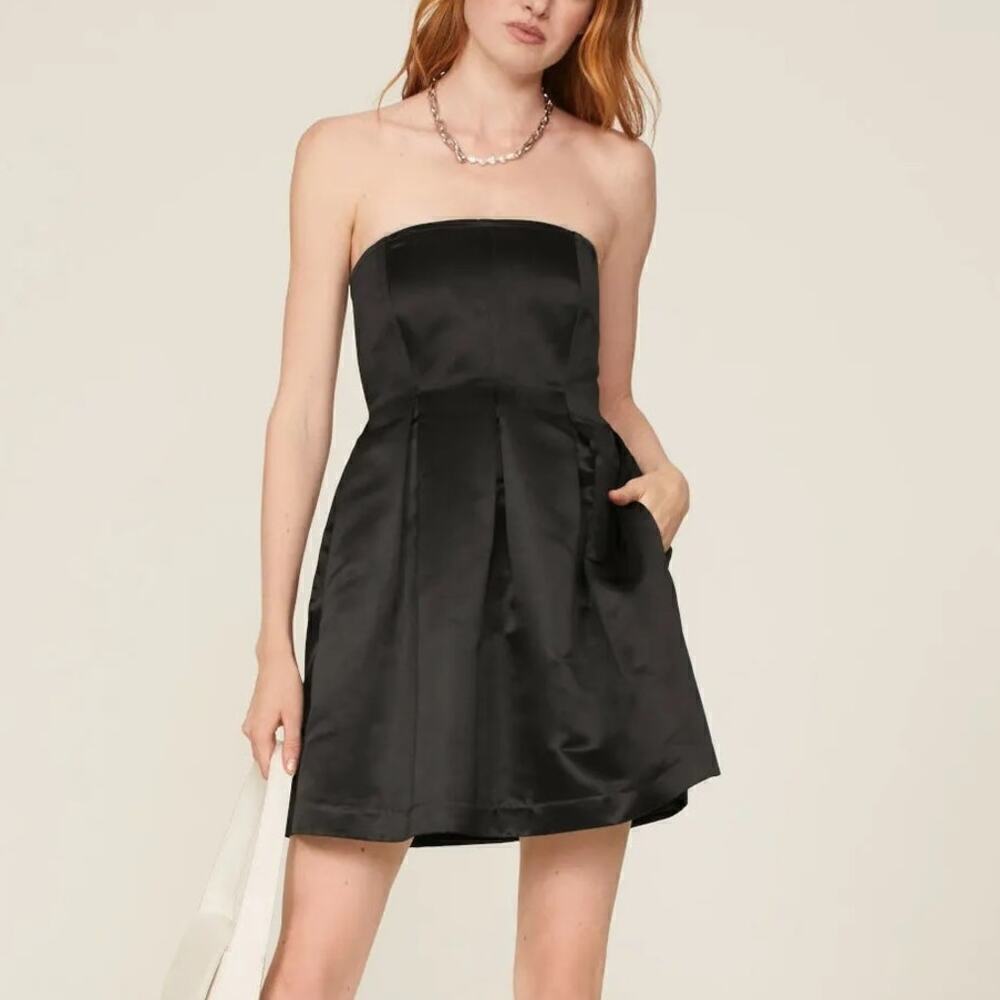 Marina Moscone Collective Cocktail Dress Satin Strapless Pleated Mini Black 14
